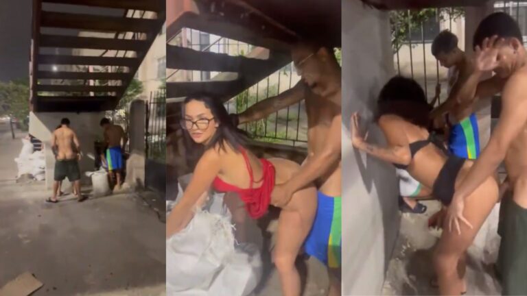 Flagra de putaria no meio da rua com 3 caras fodendo 3 novinhas